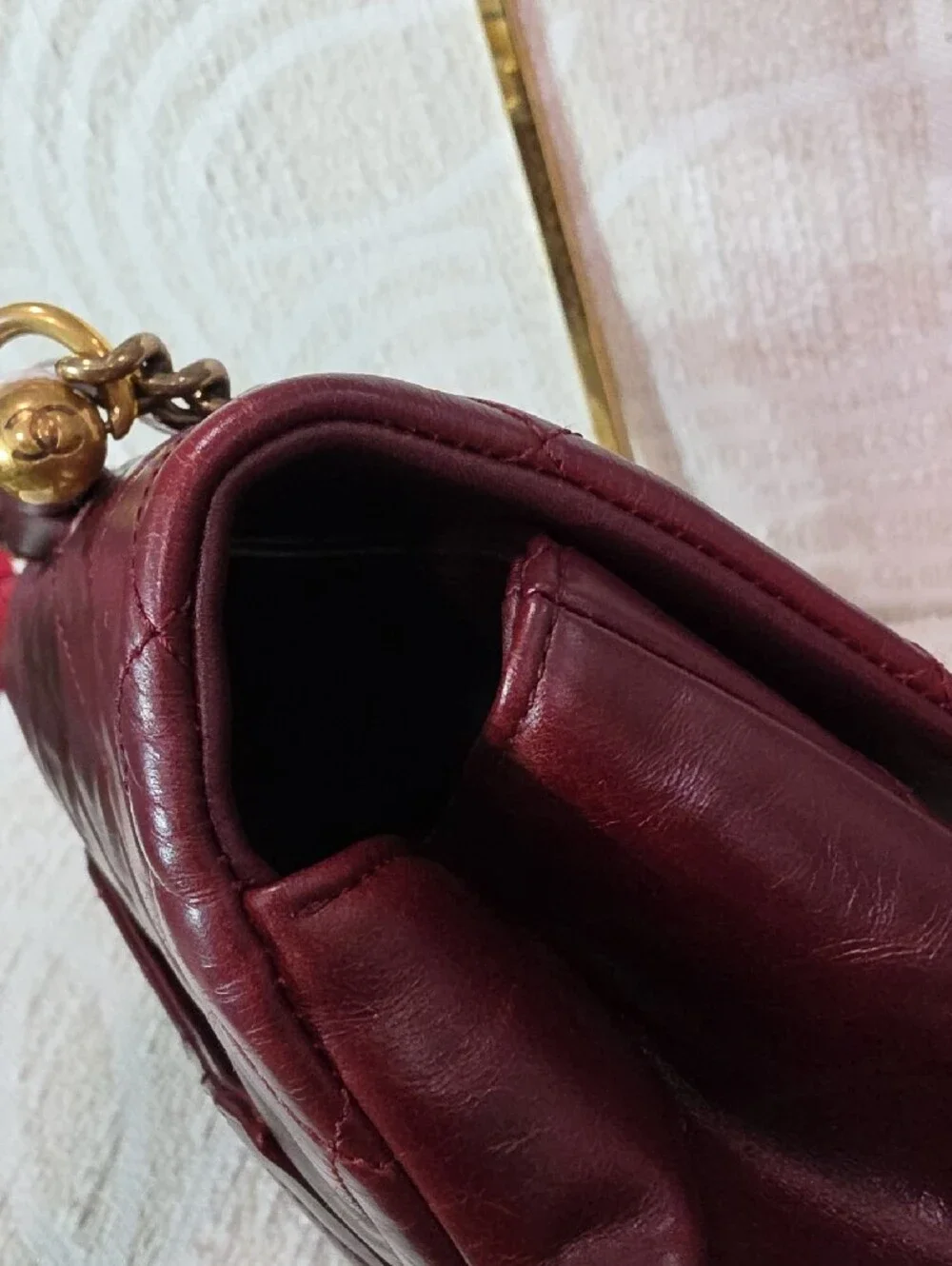 CHANEL Crinkle Leather Top-Hnadle Flap Bag in Deep Burgundy with Gold Hardware